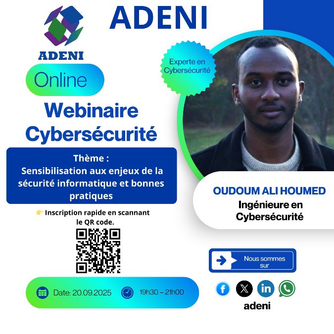 adenidjibouti's tweet photo. 🔐 Vos données sont-elles en sécurité ?
Rejoignez notre webinaire ADENI avec Oudoum (Ingénieur cybersécurité) et découvrez les bons réflexes à adopter.
📅 Samedi 20 sept. – 19h30
🖥️ En ligne | Gratuit
👉 Inscrivez-vous : https://t.co/xSQrCjq06B
#ADENI #Cybersecurité #Djibouti https://t.co/jbAE0xg43a