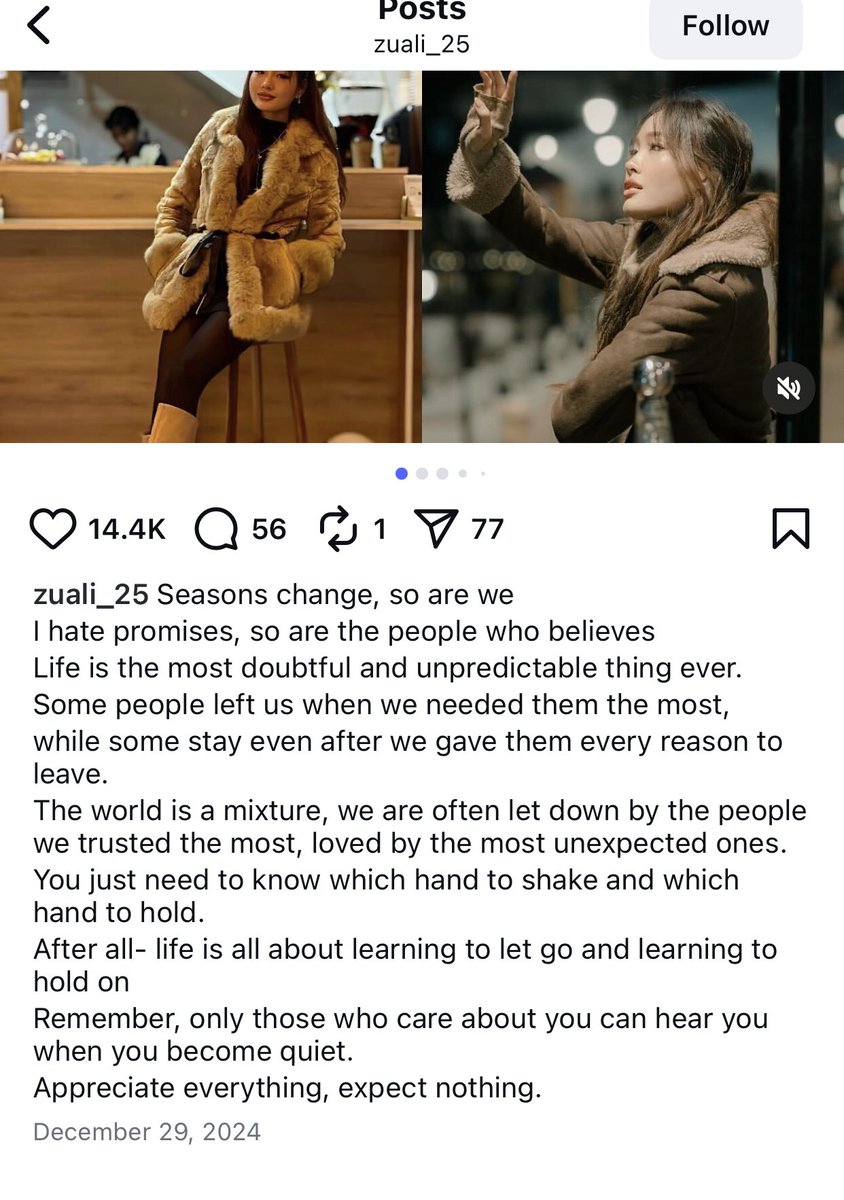 MujheJuggDo's tweet photo. Early 2024 when #AhaanPanday got #Saiyaara, he dumped his gf zuali. She was heartbroken. See her new year’s heartbroken caption 

Ahaan went to Thailand 2-3 weeks back, we all know what it is known for, after this only #AneetPadda unfollowed his real account

Is he green flag? No https://t.co/3pkTHuZRfM