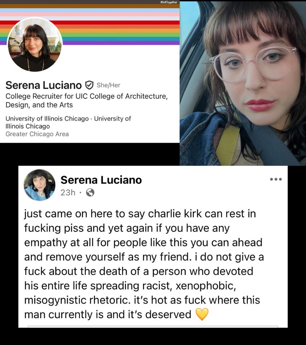 Les presento a Serena Luciano. Está aquí con una visa de estudiante proveniente de Argentina. Actualmente trabaja como reclutadora universitaria en la Facultad de Arquitectura, Diseño y Artes de la Universidad de Illinois @uicsoa , donde también cursa una maestría en Educación