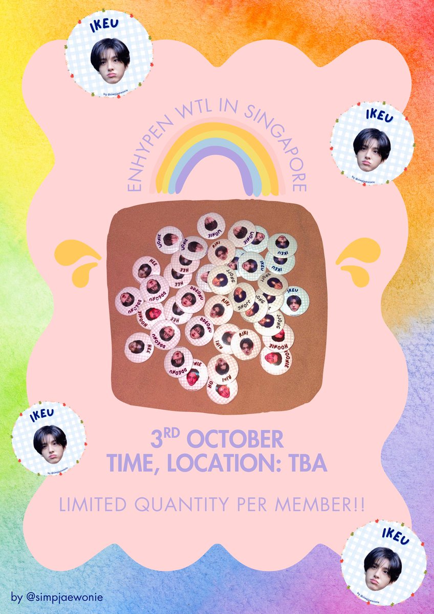simpjaewonie's tweet photo. [HELP RT] #pasarENHYPEN

🎉 Freebies for #WALKTHELINE_IN_SINGAPORE  by @simpjaewonie

𝓶𝓲𝓷𝓲 𝓹𝓲𝓷 𝓫𝓪𝓭𝓰𝓮 ── .✦

🗓️ 3rd Oct (day 1)
📍, 🕙 TBA

how to claim
💫 follow, rt &amp; comment your desired member
💫 come say hi &amp; mention your usn

#ENHYPEN #WALKTHELINE_IN_SG https://t.co/lifKEqxGts
