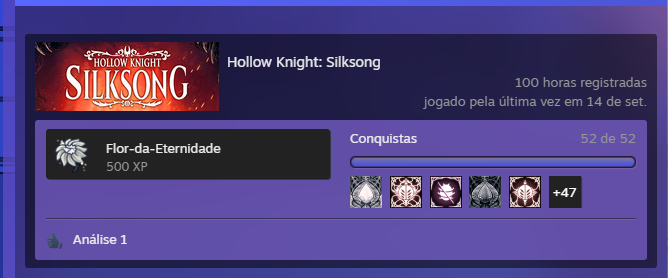 Obrigado Team Cherry pelo melhor jogo da história, saber que faço parte dos primeiros do mundo a platinar é uma honra, eu devo minha vida pra esse jogo. Hollow Knight Silksong é perfeito, isso aqui é surreal
#Silksong