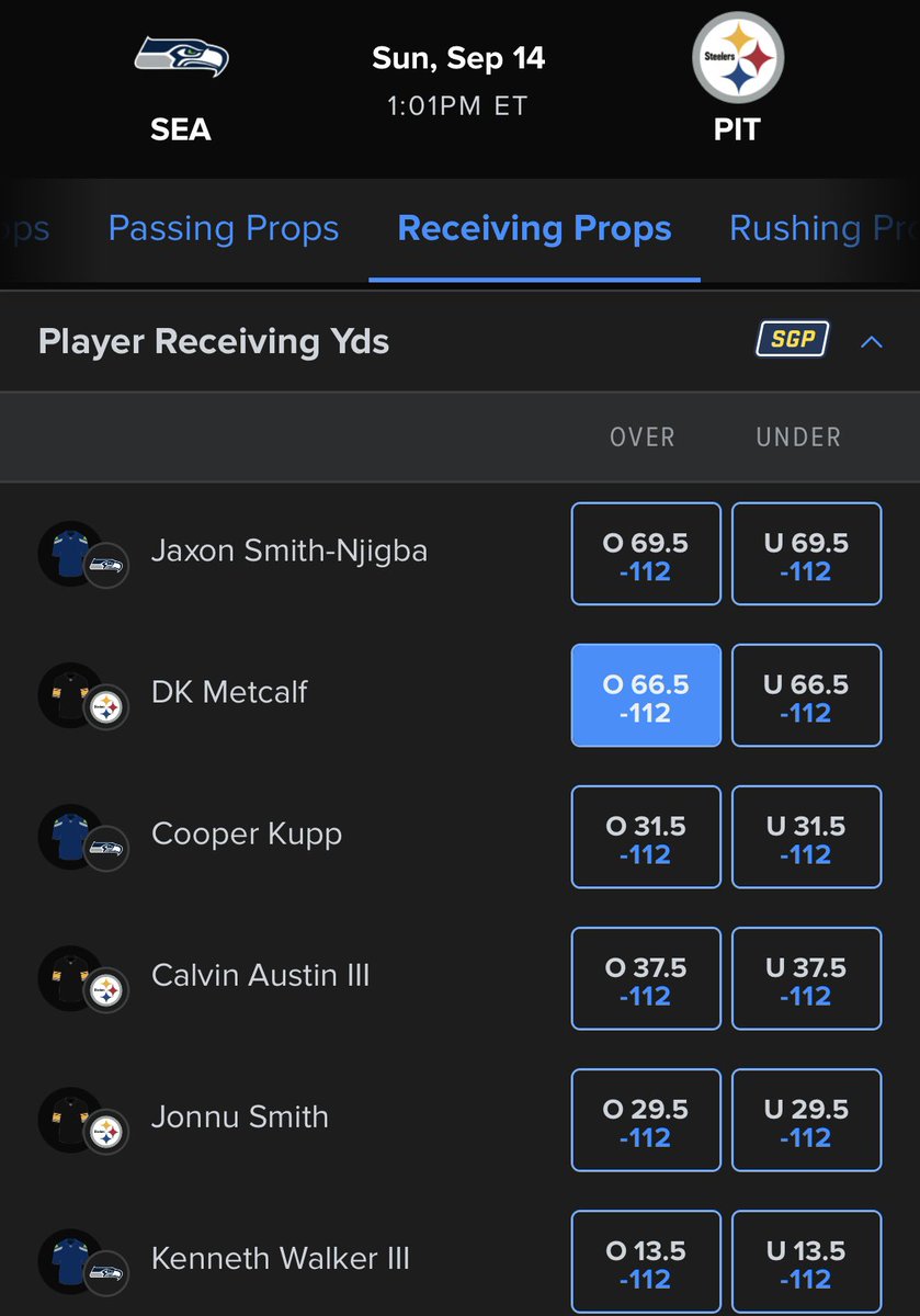 sgp_stephen's tweet photo. (1 unit) DK Metcalf over 66.5 receiving yards (-112 @FanDuel)

DK made his debut with the #Steelers last week and solidified himself as the clear WR 1 as expected. Today he is going against his former team the Seattle #Seahawks. Rodgers spoke publicly about making this a statement game for Metcalf. DK is coming off a good week after a rocky start of 2 drops totaling 83 yards on the day. I expect this connection between Rodgers and DK to only grow stronger and this line sitting under 70 yards is a perfect opportunity to capitalize.