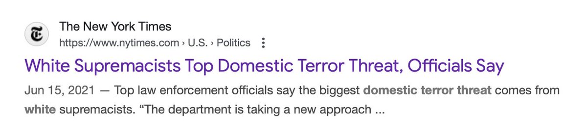 When the left is in charge they have no problem identifying white supremacy as "the top domestic terror threat." Here is a NYT headline quoting Biden officials.

Some on the right can't even bring themselves to call out leftwing terror after an assassination.