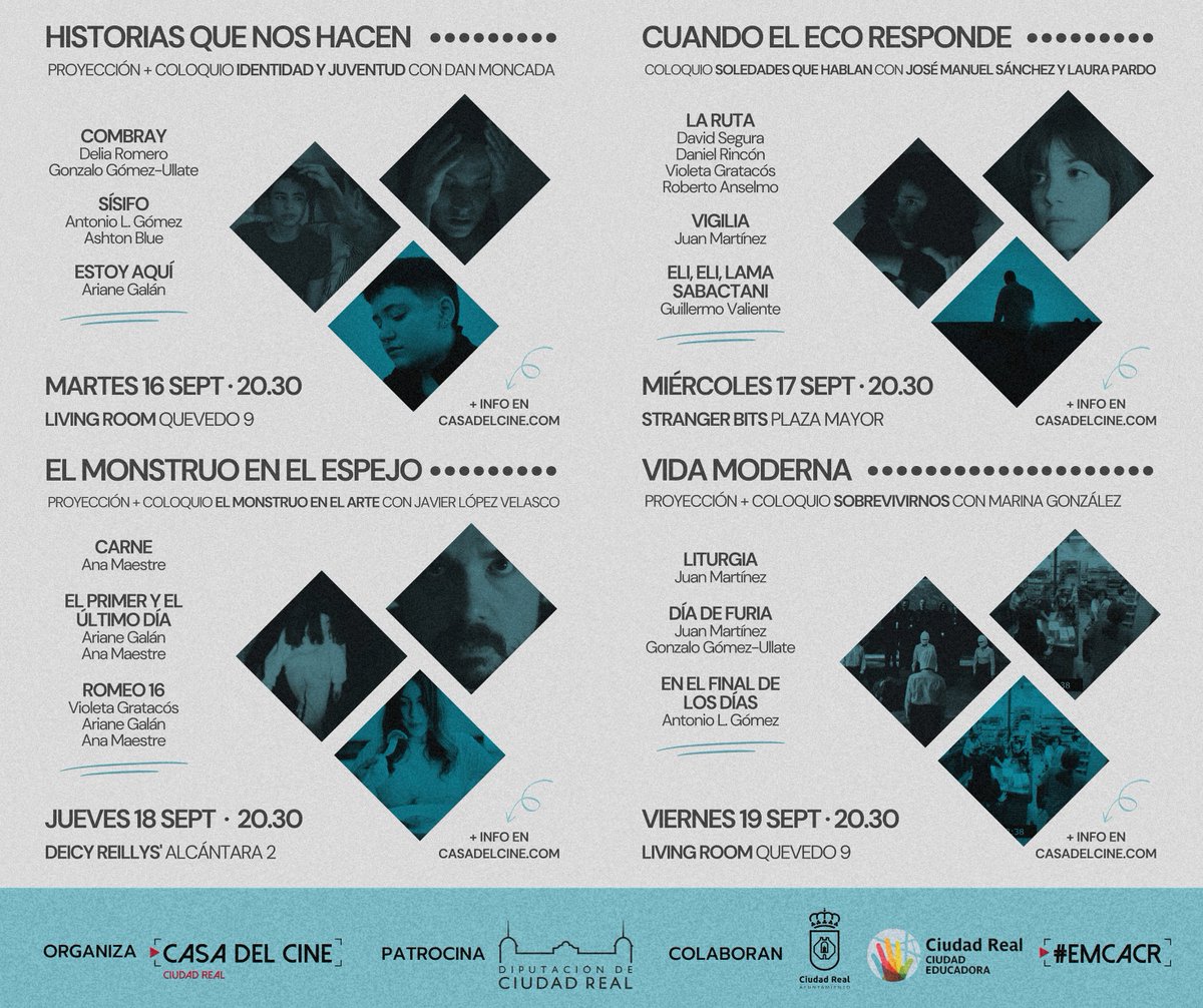 ✨🎬 I MUESTRA DE CINE JOVEN – CIUDAD REAL 2025 🎬 ✨
📅 Del 16 al 19 de septiembre
Patrocina <a href="/DiputacionCR/">Diputación de C.Real</a>

📌 casadelcine.com/muestracinejov…
📌 casadelcine.com/muestracinejov…

#MuestraCineJovenCR #CasaDelCineCR #Cine #Audiovisuales #CiudadReal #CR