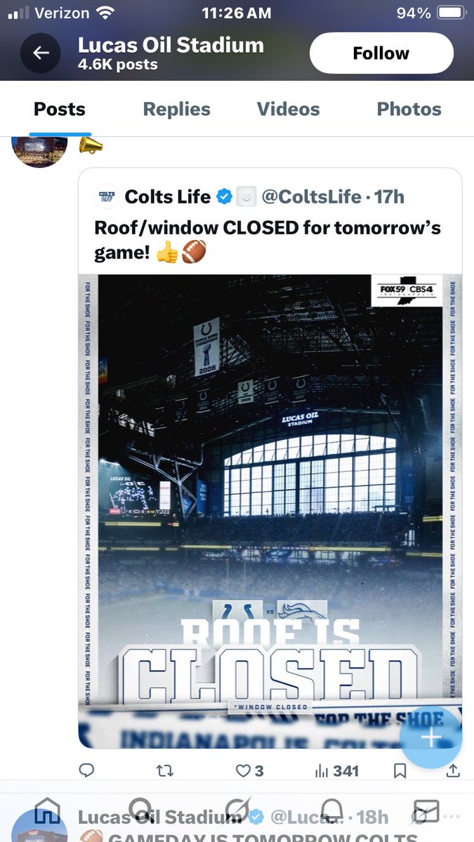 steveshep03's tweet photo. @LucasOilStadium can someone please explain why we have a retractable roof and it’s closed for today’s game??? Makes absolutely zero sense… https://t.co/WBnfXGyb1p