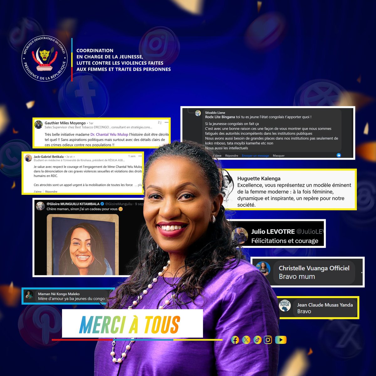 RDC🇨🇩
La conseillère spéciale du chef de l'etat <a href="/fatshi13/">Félix A. Tshisekedi</a> en matière de la jeunesse, son Excellence <a href="/SpecialeYelu/">Coordonnatrice Chantal Yelu Mulop</a> remercie tout monde qui ont adressent des mots de soutien et d’encouragement.