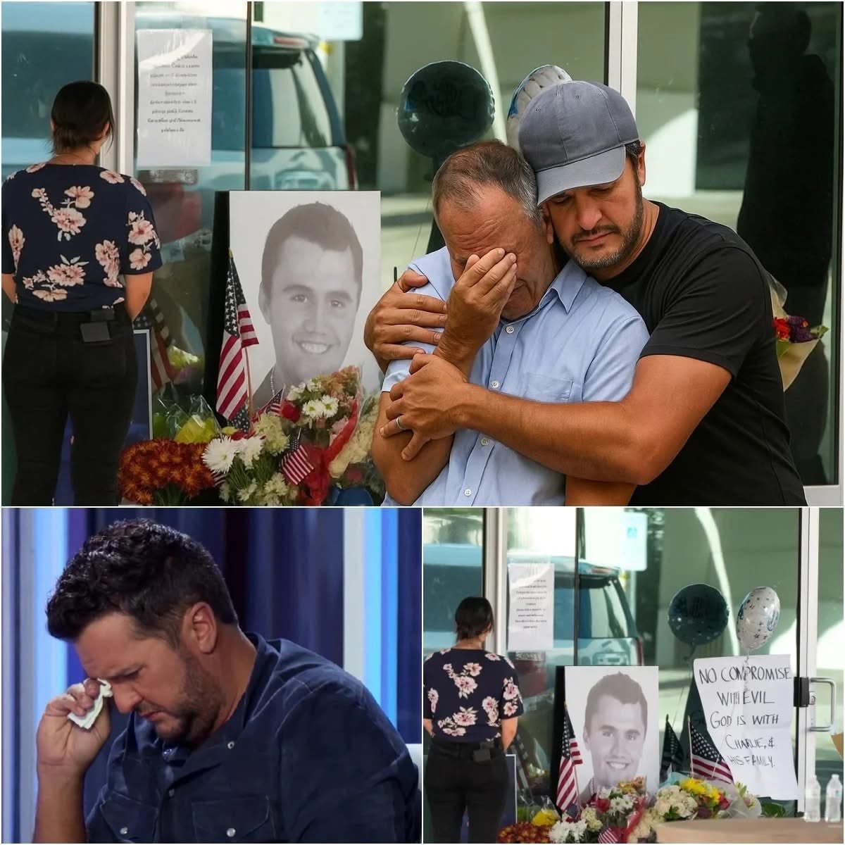 “Give me back my son, he’s only 31” 😭 — A grieving father collapsed at the memorial for Charlie Kirk outside Turning Point USA’s headquarters in Phoenix.

The image of Luke Bryan quietly comforting Charlie’s father, as the crowd laid flowers and lit candles, left many in tears.