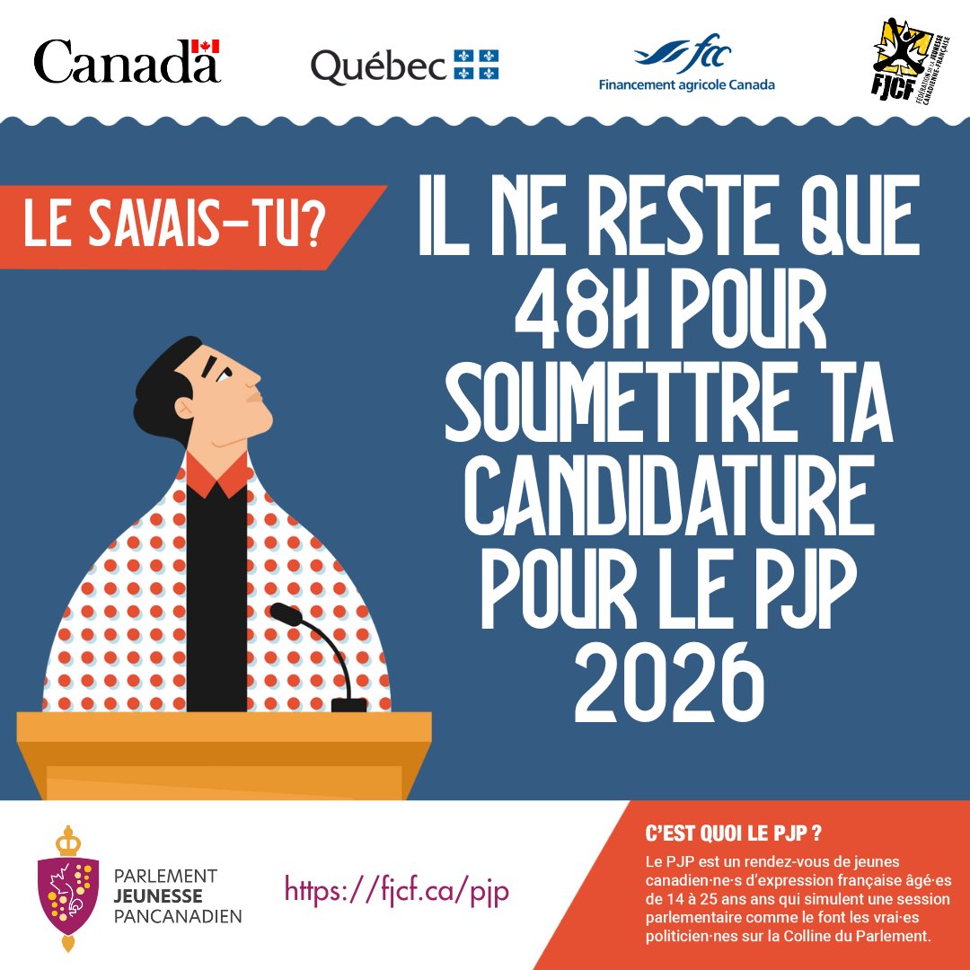 ⏰ Dernière chance pour le PJP 2026 ! 

Il ne reste que 48h pour candidater à la13e édition du Parlement jeunesse pancanadien.

Soumets ta candidature avant le 16 septembre 2025 : lien en bio ou fjcf.ca/pjp 

#PJP2026 #FJCF #JeunesseEngagée #PJPVibes #ParlementOttawa