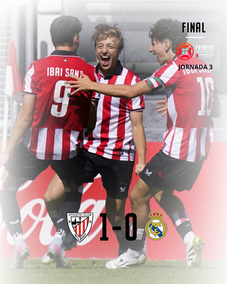 ➕3⃣ 𝗙𝗜𝗡𝗔𝗟

El #BilbaoAthletic continúa invicto en la competición y consigue la primera victoria de la temporada.

👏 Lan bikaina, lehoikumeak!

#BilbaoAthleticRealMadridCastilla #AthleticLezama 🦁