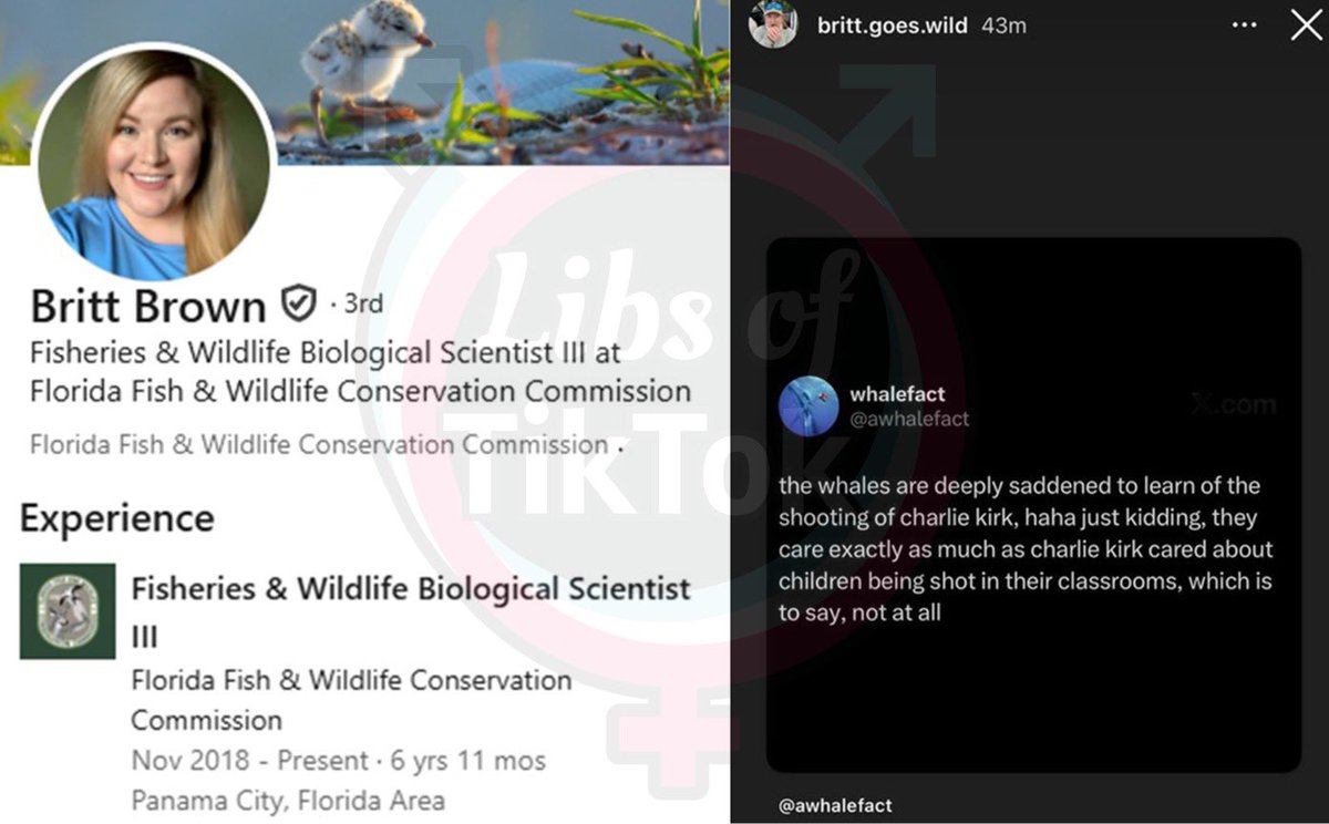 Britt works for the Florida Fish &amp; Wildlife Conservation Commission. She allegedly posted this disgusting message mocking Charlie’s ass*ssination.

Your tax dollars pay her salary.

She should be fired ASAP