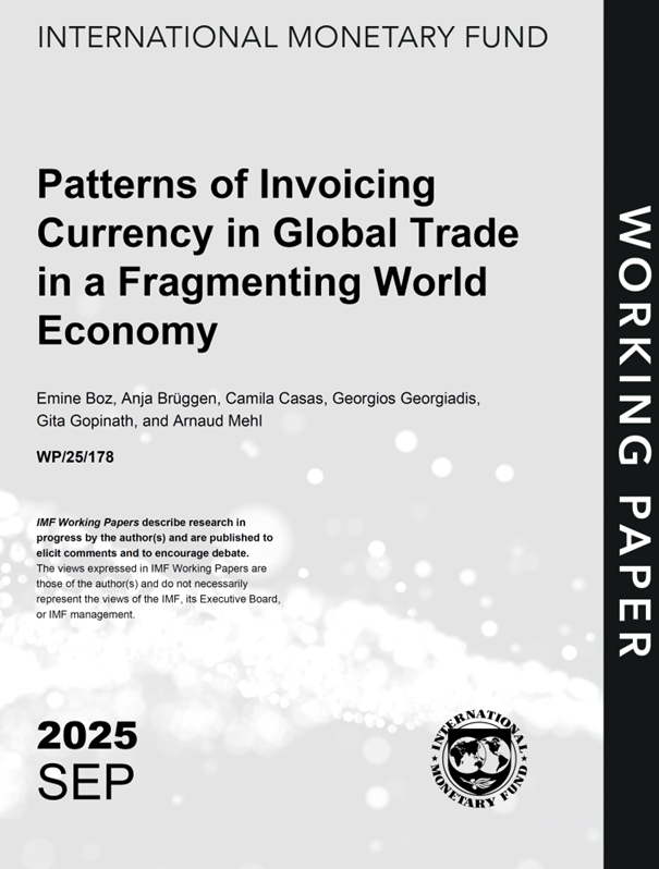 int_mon_econ's tweet photo. Super interesting!

"Patterns of Invoicing Currency in Global Trade in a Fragmenting World Economy" by Emine Boz, Anja Brüggen, Camila Casas, Georgios Georgiadis, Gita Gopinath, and Arnaud Mehl.

"This paper presents the most comprehensive and up-to-date panel dataset on global trade invoicing currency and examines recent pattern shifts with a focus on geopolitical alignment. Using data for 132 countries from 1990 to 2023—including new coverage of the Chinese renminbi—we document five key findings. First, the US dollar remains dominant, with global invoicing shares broadly stable. Second, renminbi use has grown steadily and expanded beyond Asia, though it remains modest. Third, countries not geopolitically aligned with the US continue to rely on the dollar, though this reliance has declined in a few key economies. Fourth, since 2021, the correlation between the use of a given invoicing currency and the geopolitical distance to its issuer has become more negative, reflecting growing polarization. Fifth, there is no robust evidence consistent with effective policy initiatives to reduce dollar reliance in oil exports. These findings highlight the resilience of dominant currencies and suggest emerging fragmentation in invoicing patterns along geopolitical lines."

https://t.co/uxKG5zZnTw