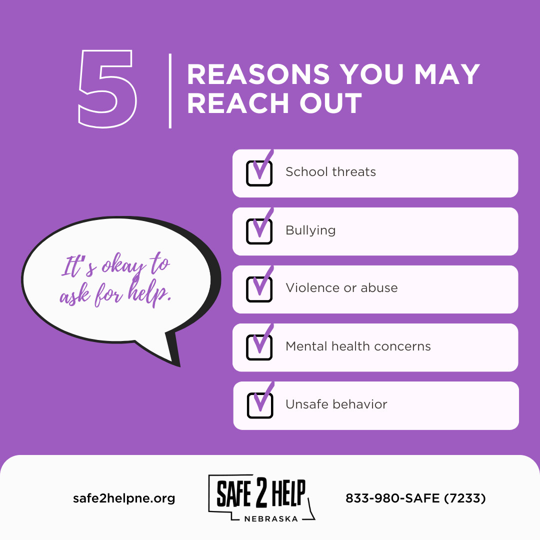Safe2HelpNE's tweet photo. Did you know? Every report to Safe2Help is reviewed by trained crisis counselors who connect with the right people to respond.

You’re never alone—help is just a call or tap away.

📱 833-980-SAFE (7233) | https://t.co/fQDs3zk0gA | App https://t.co/sQ1jVrf3Qj