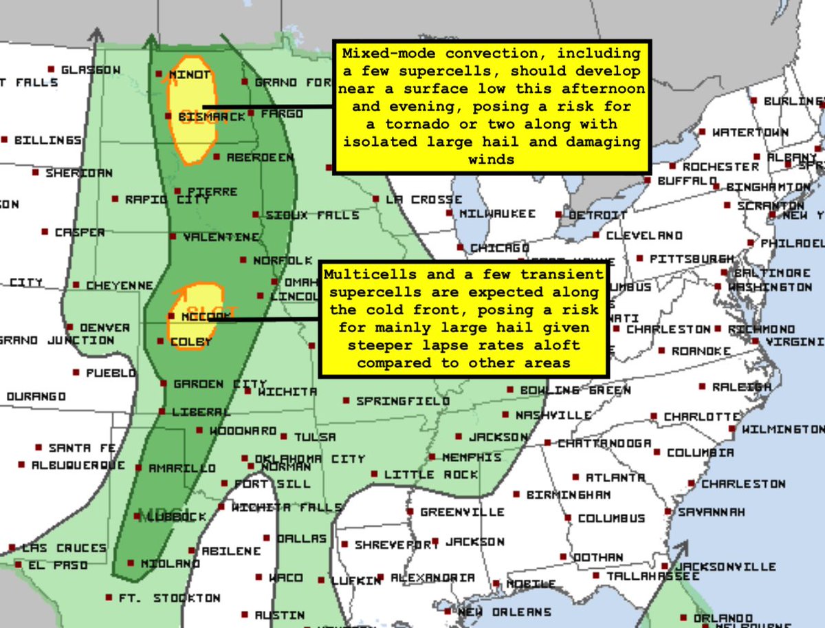 Severe storms expected along cold front over large expanse of the Plains today. The most intense activity should focus ahead of surface low across ND, where highest tornado threat exists, &amp; along NE/KS border, where steeper lapse rates aloft may yield greater large hail potential