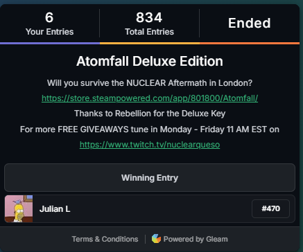 LeBondd's tweet photo. Shout out to @NuclearQueso for holding one more of his giveaways. In this opportunity I have been the lucky one and have been drawn as the winner of Atomfall Deluxe Edition on Steam. Yay! 🥳🤗 
I have already redeemed it 😃
Thank you very much !! ❤️

#Giveaways #Steam #Contest https://t.co/7dmeUbY4AV