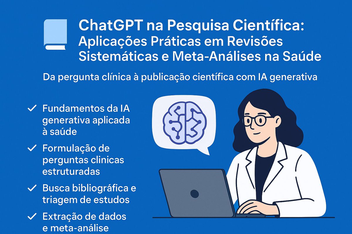 LeonardoRoever's tweet photo. 📢 📛 🧠CURSO "ChatGPT na Pesquisa Científica: Aplicações Práticas em Revisões Sistemáticas e Meta-Análises na Saúde" Da pergunta clínica à publicação científica com IA generativa
🎯 SEGUE O LINK PARA INSCRIÇÃO: https://t.co/8hkIRyy2Y2 https://t.co/Zydo3karFe
