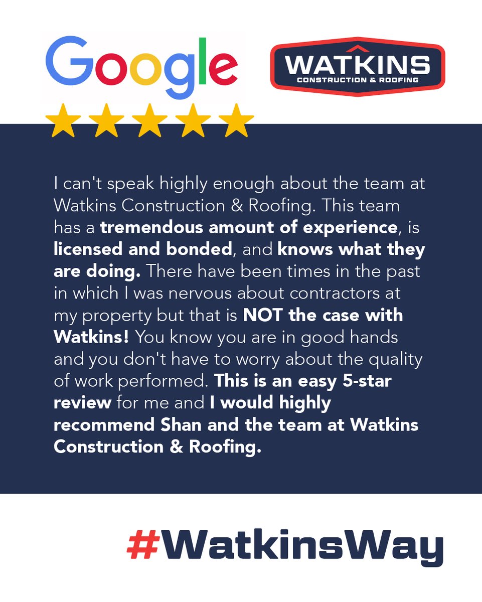WatkinsRoofing's tweet photo. ✨ "They Know What They Are Doing!" WOW. What an amazing review!
We are honored to work with our community in finding permanent roofing solutions for your home or business! 🏡
#WatkinsWay https://t.co/GD0rzDI3Ah