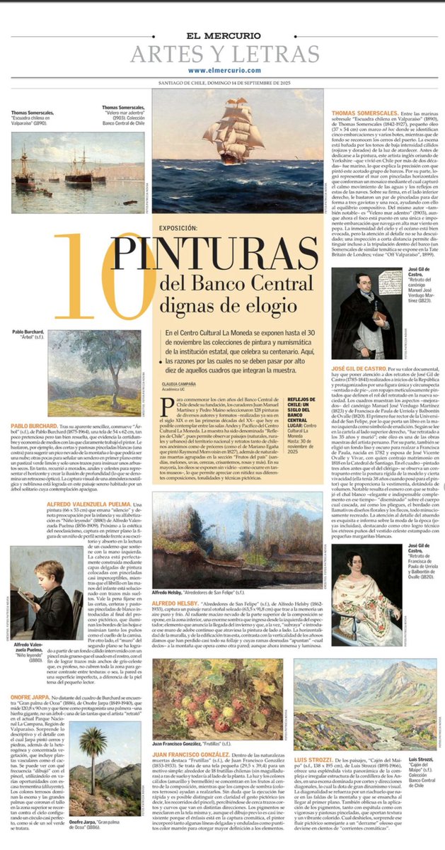 CCPLM's tweet image. 📌 ¿Cuáles son las obras imperdibles de Reflejos de Chile? El Mercurio destaca las 10 pinturas que no te puedes perder en esta exposición que conmemora el centenario del Banco Central de Chile.
🖼️ Hasta el 30 de noviembre.