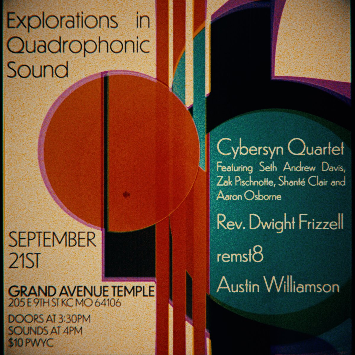 remst8's tweet photo. In one week (September 21), I will be performing quadraphonic music at Grand Avenue Temple in Kansas City, Missouri. Also performing will be Cybersyn Quartet, Rev. Dwight Frizzell, and Austin Williamson.
Doors open at 3:30pm and sounds begin at 4pm.  $10 or pay what you can. https://t.co/A61nnEeaGM