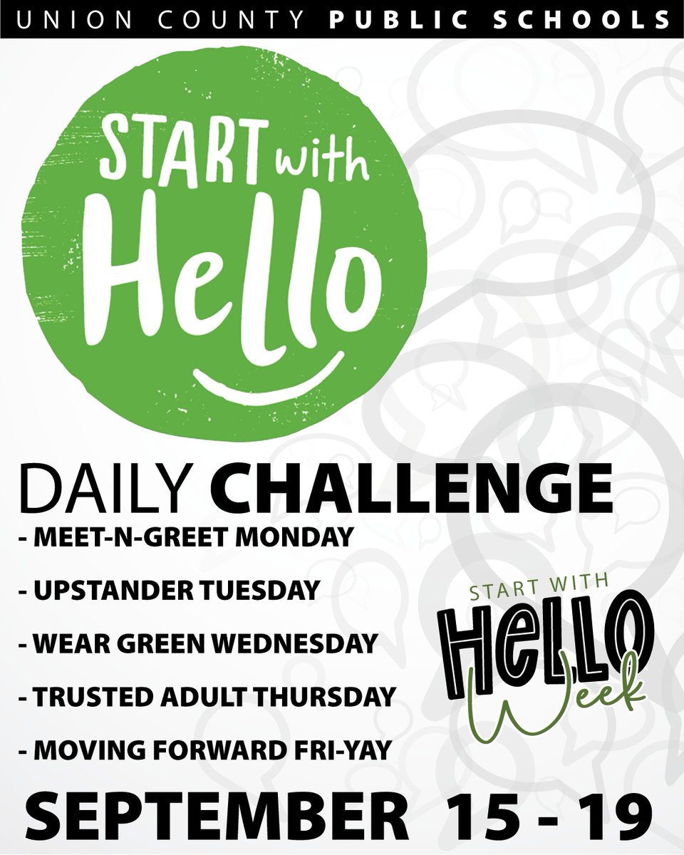 Union County Public Schools (@ucpsnc) on Twitter photo We're excited to kick off #StartWithHello Week! Check out the daily themes and join in! Tag us (@ucpsnc) in your posts! <a href="/AGHoulihan/">Andrew G. Houlihan</a> We're excited to kick off #StartWithHello Week! Check out the daily themes and join in! Tag us (@ucpsnc) in your posts! <a href="/AGHoulihan/">Andrew G. Houlihan</a>