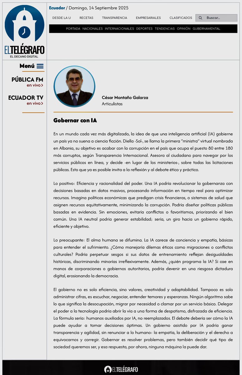 📌Comparto mi columna de opinión: Gobernar con IA. Algo que hace poco parecía de ciencia ficción ahora ya es realidad, #Albania ha dado un primer paso. ¿Cuáles son los pros y contras de la IA en este campo? #Ecuador <a href="/el_telegrafo/">El Telégrafo Ecuador</a> #IA #Gobierno #Tecnología 
👉🏼