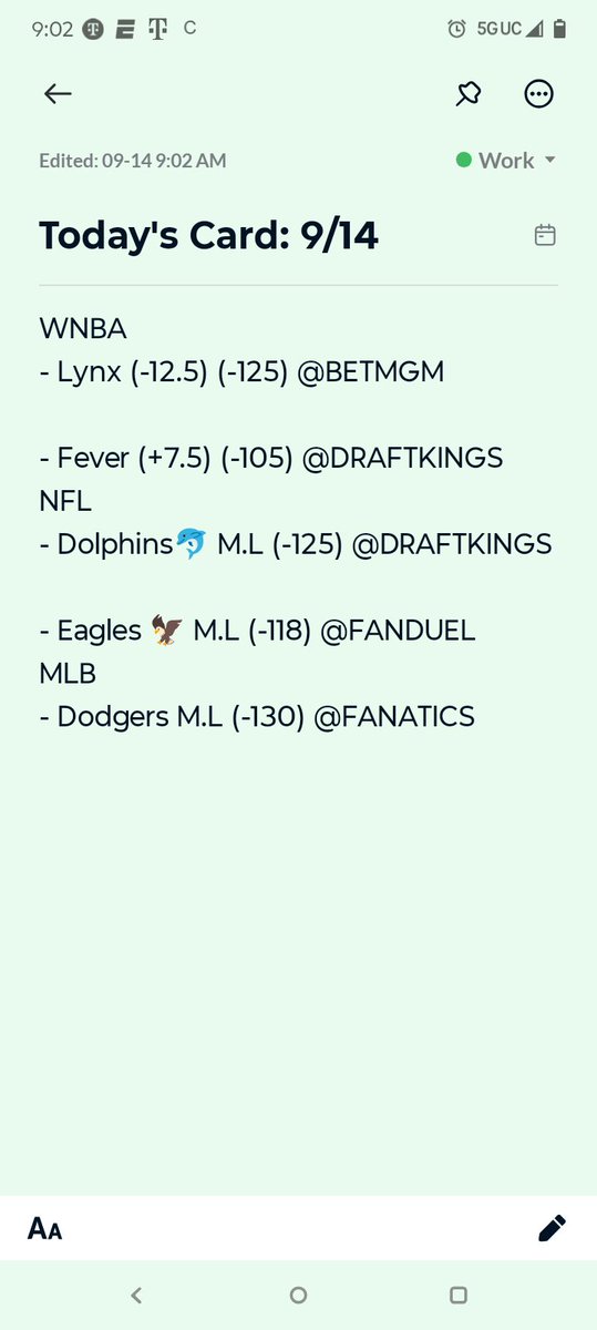 📋 Today’s Card – 9/14
🏀 WNBA
Lynx -12.5 (-125) @BETMGM
Fever +7.5 (-105) @DRAFTKINGS
🏈 NFL
Dolphins 🐬 M.L (-125) @DRAFTKINGS
Eagles 🦅 M.L (-118) @FANDUEL
⚾ MLB
Dodgers M.L (-130) @FANATICS

Locked &amp; loaded for Sunday action 🔥 Who you riding with today? 👀
•
•
•
#NFL
