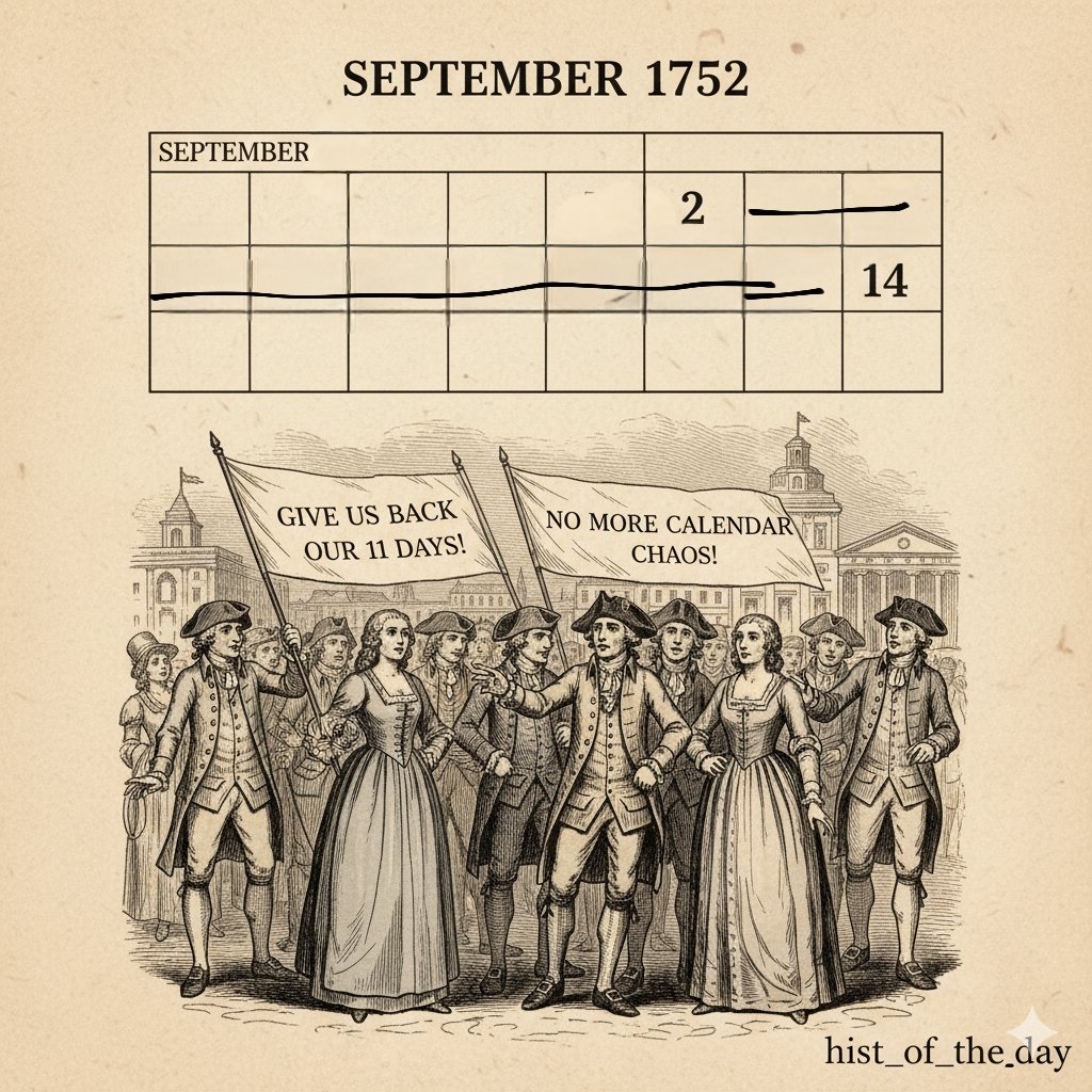 #OnThisDay September 14, 1752, the British Empire adopted the Gregorian calendar. To align with Europe, they skipped 11 days — September 2 was immediately followed by September 14! Many thought their lives had been “shortened.”

Confusion reigned — some feared they had lost part