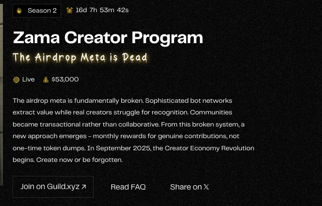 Zama Creator Program is Live! 🪂
 already raised $130M.
Now they’ve launched a Creator Program with a $53K prize pool for builders of attention.

✤ How to join:

Create thoughtful content about Zama
Engage with their X account
Grow real reach  likes, reposts, replies,