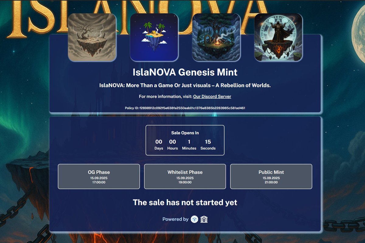 ⛵️ <a href="/IslaNOVA_NFT/">INOVA Cardano</a> mint is live 🟢

Claim your island, start staking to earn $BANK, unlock milestone rewards and partner airdrops.

Current window: OG at 50 ₳

Next up: 
- Whitelist 4:00 PM UTC at 60 ₳
- Public 6:00 PM UTC at 70 ₳

LINK : 

mints.yepple.io/islanova