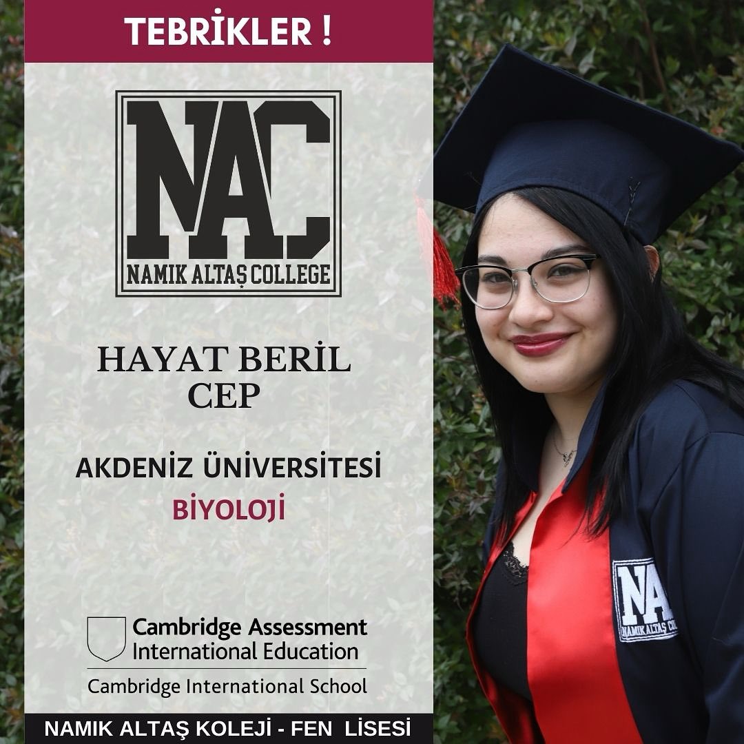 Değerli Veliler ve Sevgili Öğrenciler,  
Okulumuzun Fen Lisesi öğrencilerinden HAYAT BERİL CEP, AKDENİZ ÜNİVERSİTESİ - BİYOLOJİ  bölümüne yerleşmiştir. Öğrencimizi,  velilerini ve öğretmenlerini tebrik eder,  başarılarının devamını dileriz. TEBRİKLER!