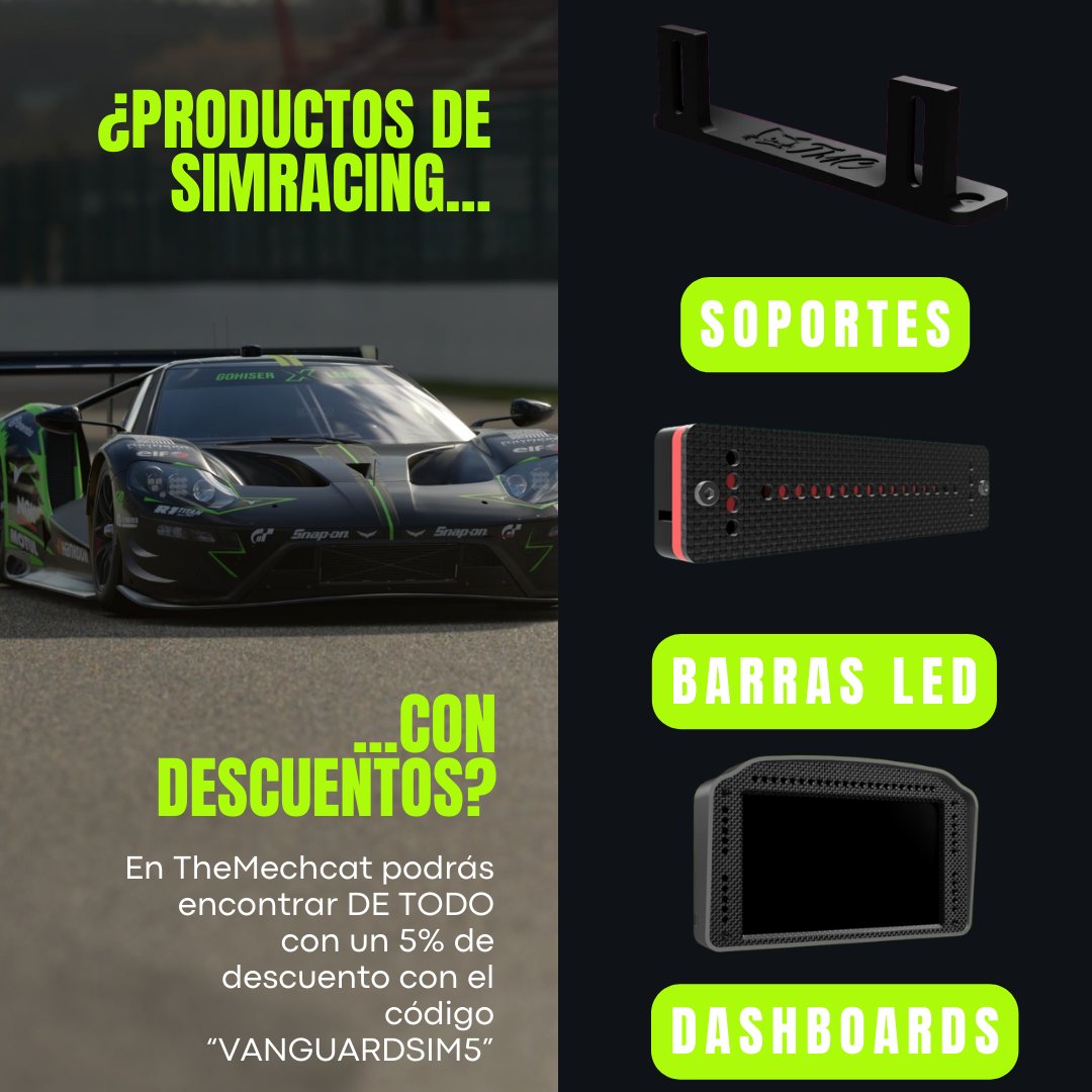 Vanguard Simracing (@vanguardsim) on Twitter photo 💰 SPONSOR
En <a href="/TheMechCat/">The Mech Cat</a> podrás encontrar todo lo que necesitas para disfrutar del simracing, ahora con un descuento del 5% con el código "VANGUARDSIM5"
Todos sus productos ➡️themechcat.com
#BeVanguard 💰 SPONSOR
En <a href="/TheMechCat/">The Mech Cat</a> podrás encontrar todo lo que necesitas para disfrutar del simracing, ahora con un descuento del 5% con el código "VANGUARDSIM5"
Todos sus productos ➡️themechcat.com
#BeVanguard