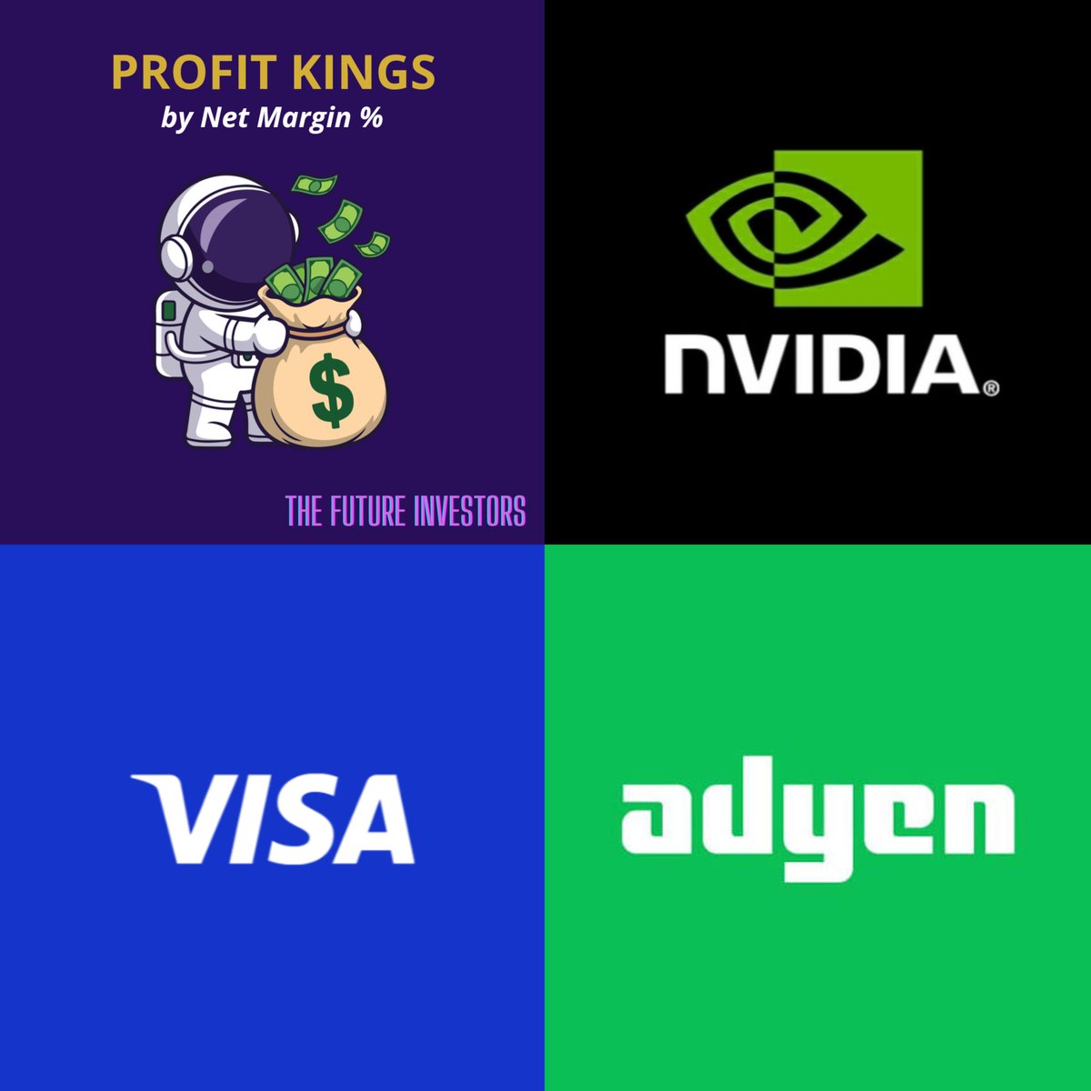 ftr_investors's tweet photo. The Future Investors presents:
𝗧𝗵𝗲 𝗣𝗿𝗼𝗳𝗶𝘁 𝗞𝗶𝗻𝗴𝘀 — 30 Quality Stocks with the Highest Net Margins 🤑🚀

1. $NVDA | Nvidia - 52.4%
2. $V | Visa - 52.2%
3. $ADYEN | Adyen - 45.5%
4. $MA | Mastercard - 44.9%
5. $TSM | TSMC - 42.5%
6. $APP | AppLovin - 42.3%
7. $ANET | Arista Networks - 40.9%
8. $META | Meta - 40.0%
9. $DOCS | Doximity - 39.9%
10. $MSCI | MSCI - 39.5%
11. $MSFT | Microsoft - 36.2%
12. $NVO | Novo Nordisk - 35.6%
13. $CPRT | Copart - 33.4%
14. $FICO | FICO - 32.8%
15. $AVGO | Broadcom - 31.6%
16. $GOOGL | Alphabet - 31.1%
17. $SNPS | Synopsys - 31.0%
18. $VRSK | Verisk Analytics - 30.7%
19. $FTNT | Fortinet - 30.6%
20. $TXN | Texas Instruments - 30.2%
21. $ADBE | Adobe - 30.0%
22. $PAYX | Paychex - 29.7%
23. $ASML | ASML - 29.3%
24. $LRCX | Lam Research - 29.0%
25. $FSLR | First Solar - 29.0%
26. $RMS | Hermes - 28.5%
27. $ISRG | Intuitive Surgical - 28.5%
28. $BESI | BE Semiconductor - 28.2%
29. $DT | Dynatrace - 27.8%
30. $VEEV | Veeva Systems - 27.3%

Source: @KoyfinCharts 

📊 Quality Criteria 
- EPS & Revenue next 3Y >8%
- Gross Profit Margin >40%
- Altman Z- Score >3
- Marketcap >$10B
- GAAP Net income
- No capital market, biotech, gold mining companies. 

✨ In which of these high net margin stocks do you invest?