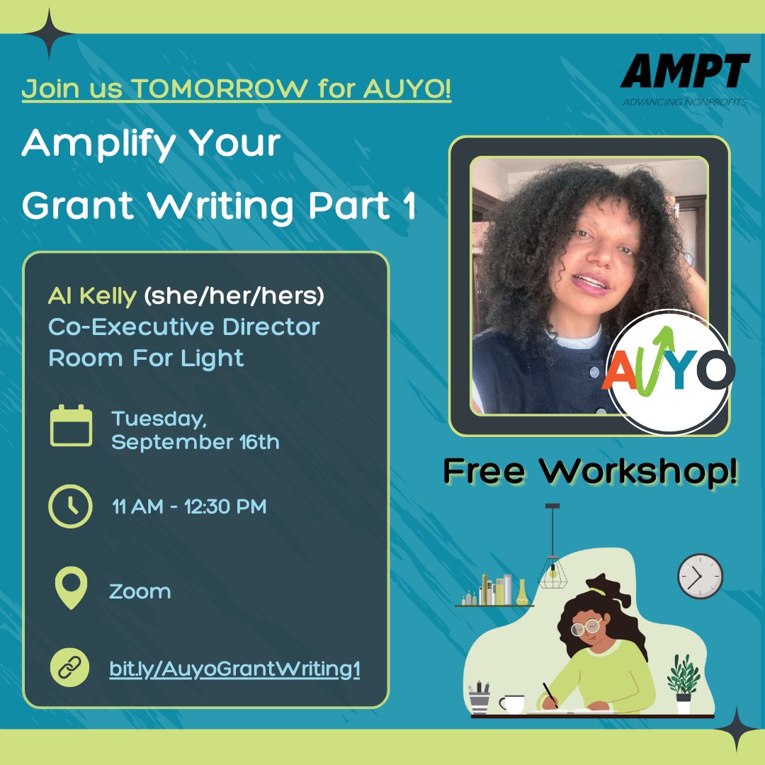 Join us TOMORROW for AUYO!

Register now for Part 1 to join us at bit.ly/AuyoGrantWriti…

#AUYO #FreeWorkshop #GrantWriting #AMPT #CapacityBuilding #BlackNonprofit