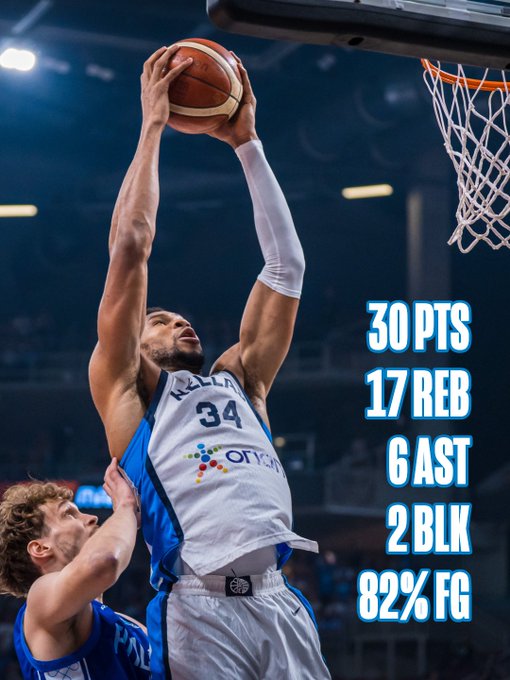 A photo of Giannis Antetokounmpo rising up for a dunk during Greece’s EuroBasket victory over Finland.