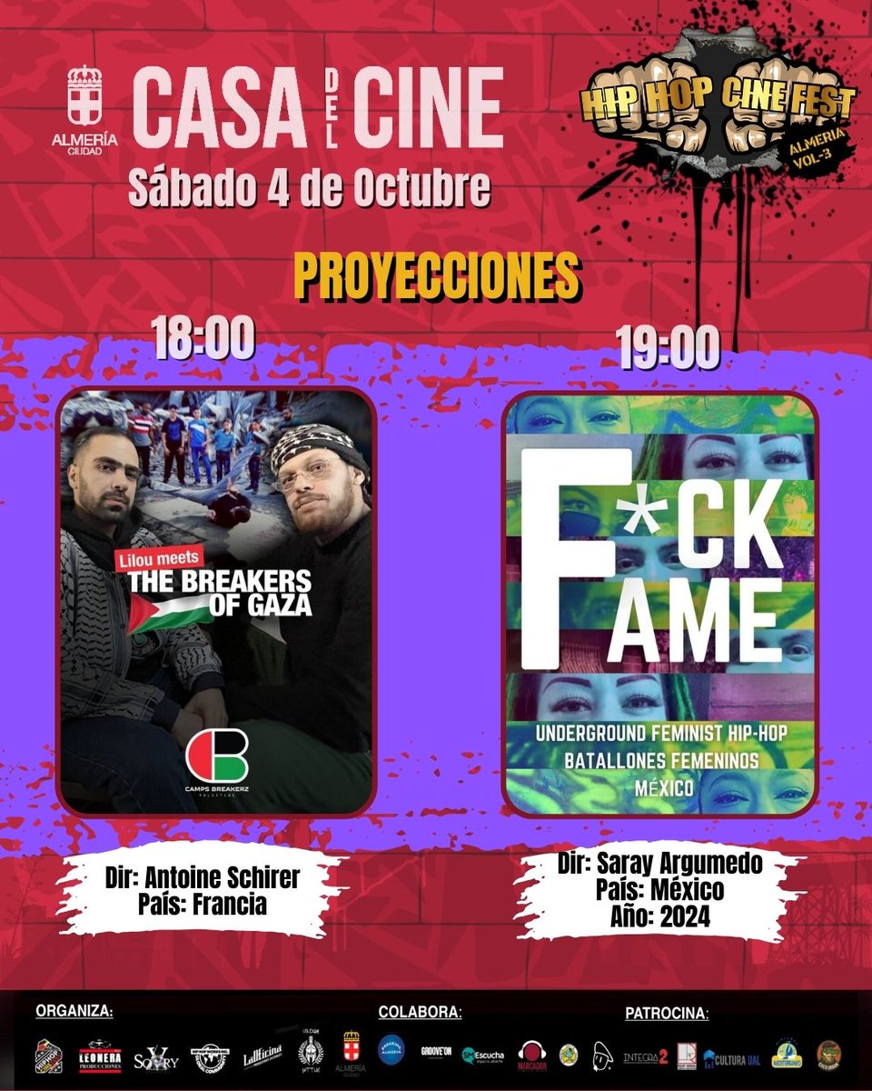🎬 Hip Hop Cinefest Almería vol.3 
Seguimos anunciando las actividades que podréis disfrutar el sábado 4 de Octubre en la Casa del Cine.
