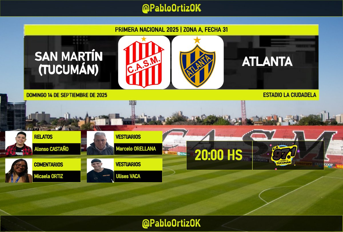 #PrimeraNacional🇦🇷 | #SanMartínTuc vs. #Atlanta
🎙️ Relata: <a href="/Alo_Castano/">Alonso 🏁</a>
🎙️ Comenta: <a href="/nicca_o/">Soy un 🦆</a>
🎙 Vestuarios: <a href="/MarceOrellana70/">Marcelo Orellana</a> y <a href="/__ulisesvaca/">Ulises Vaca</a> 
📻: <a href="/RadioTucuman971/">🎤 La 97.1 RadioTucumán</a>
<a href="/SDeportivamente/">SabeloDeportivamente</a>