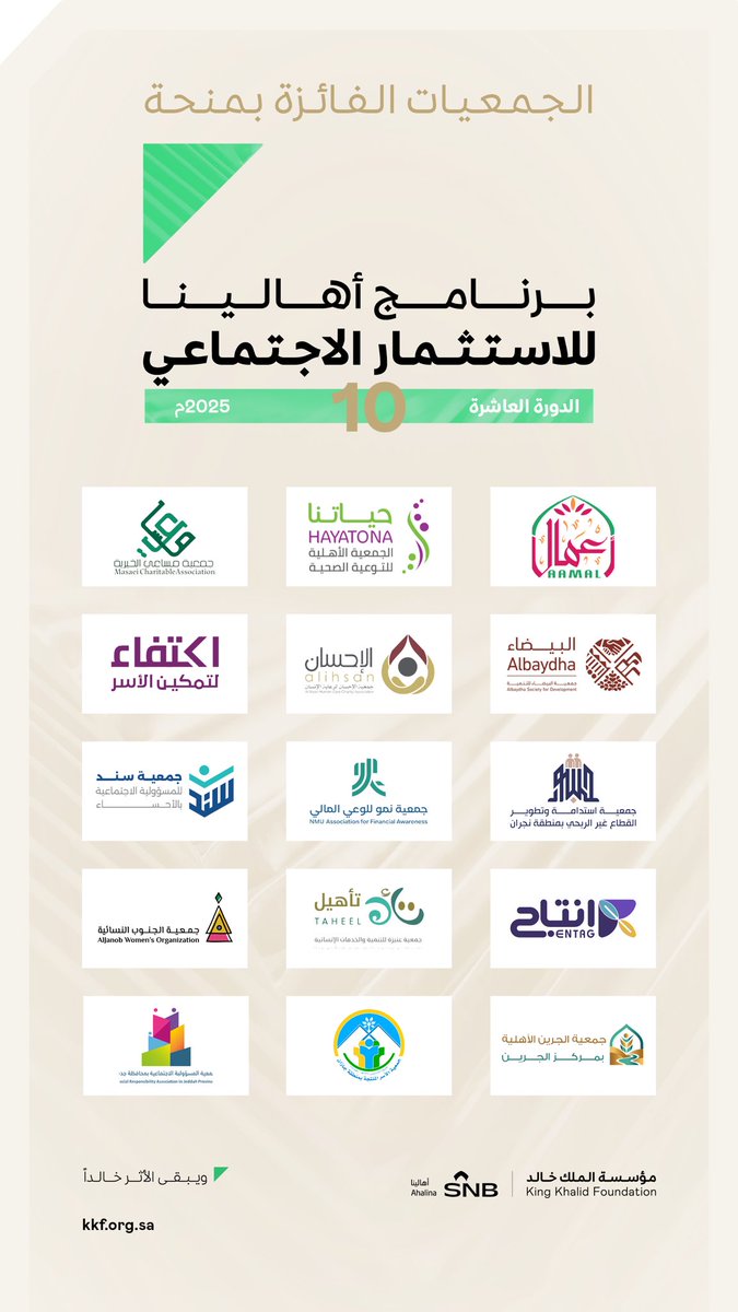 رحلة مستمرة من التمكين والتنمية.. 

نبارك للجمعيات الفائزة بمنحة برنامج «أهالينا للاستثمار الاجتماعي» بدورته العاشرة، ونتمنى لهم مزيدًا من التميز والإنجازات المتجددة