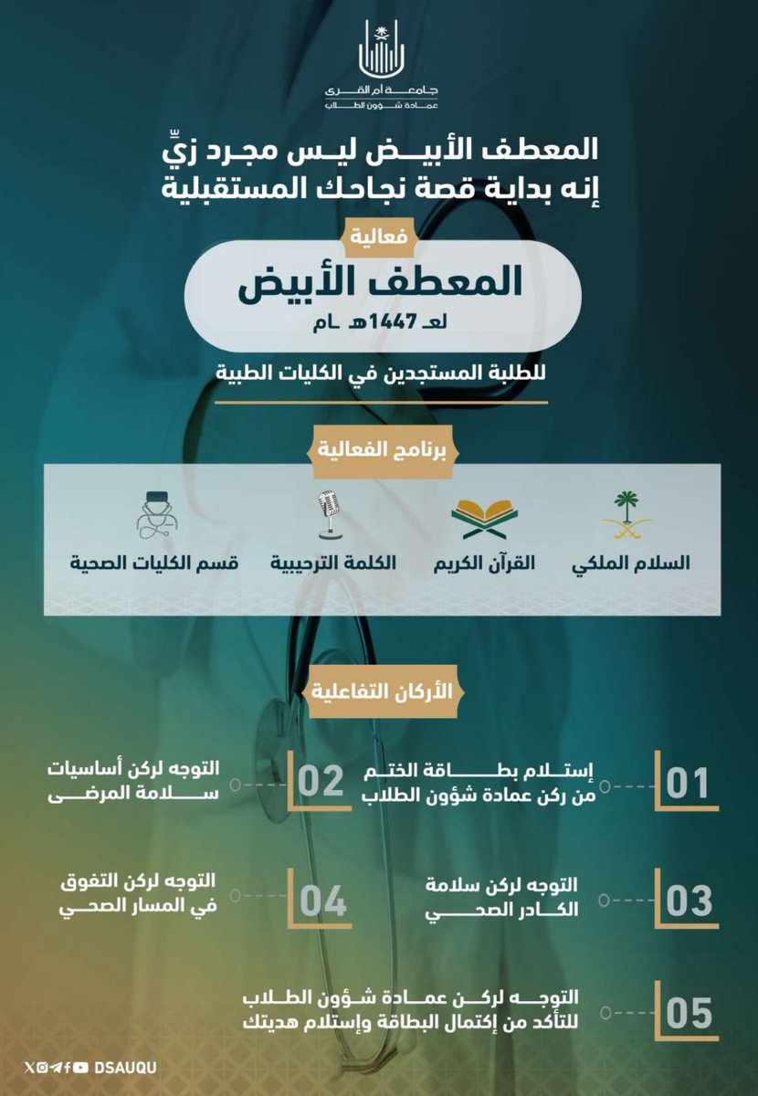 dsauqu's tweet image. تزامناً مع #اليوم_العالمي_لسلامة_المرضى، تنظم #عمادة_شؤون_الطلاب بالتعاون مع الكليات الطبية فعالية بعنوان
🥼 المعطف الأبيض 🥼
للطلبة المستجدين في الكليات الطبية 
📆 يوم الأربعاء ١٧ سبتمبر ٢٠٢٥م 
🚺 من الساعة ٩ص - ١١ظ
🚹 من الساعة ١٢ - ٢ ظ 
📍قاعة الملك عبدالعزيز التاريخية -