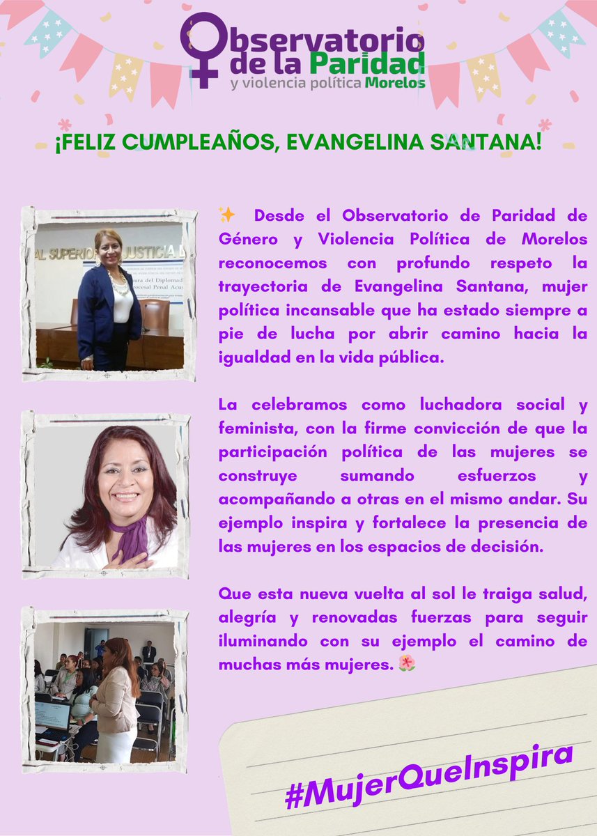 Desde el Observatorio de Paridad de Género y Violencia Política, felices festejamos un año más de vida  de Evangelina Santana, mujer política incansable. 

Feliz cumpleaños 🎊 🎂 🥳✨

#NosotrasObservamos #FelizCumple #EvangelinaSantana #MujerQueInspira #QueCumplasMuchosMás