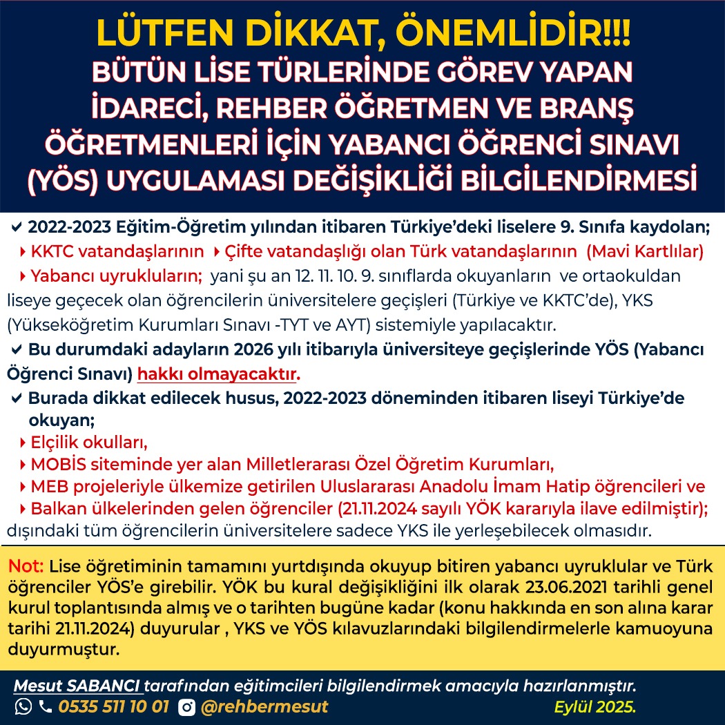 KONU ÇOK ÖNEMLİ. LİSELERDE GÖREV YAPAN BİRÇOK EĞİTİMCİNİN BU DEĞİŞİKLİKTEN HABERİ YOK. ARTIK TÜRKİYE'DE LİSELERDE OKUYAN ÇİFTE VATANDAŞ VE YABANCILAR ÜNİVERSİTEYE SADECE YKS'YLE GİREBİLECEK #yabanciöğrenci #yks #2026yks #2026yös #tercih #ortaöğretim <a href="/ahasanpasaoglu/">Ali İhsan HASANPAŞAOĞLU</a> <a href="/gokhansinel/">Gökhan Rıza Şinel</a>
