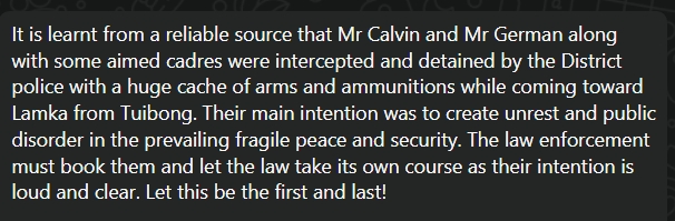 Calvin Aikhenthang and German were caught by <a href="/Ccpur_Police/">Churachandpur Police</a> with a huge cache of arms and ammunition a few minutes back. Will the SP and DC meddle and let them go free or will they take appropriate action? <a href="/manipur_police/">Manipur Police</a>