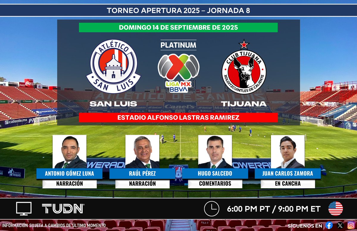 PLATINUM Sports (@ps_sportstv) on Twitter photo ⚽️ #LigaBBVAMX 🇲🇽 | #AtléticoSanLuis vs. #Tijuana
🇺🇲📺 <a href="/TUDNUSA/">TUDN USA</a>
🎙 <a href="/AgomezlunaM/">Antonio Gomez Luna</a>
🎙 <a href="/raul_perez_/">Raúl Pérez</a>
🎙 <a href="/Salcedo_Hugo/">#PorLasQueMueres⚽️</a>
🎙📝 <a href="/JCZamora07/">Juan Carlos Zamora</a>
#ElMejorFutEnTUDN ⚽️ #LigaBBVAMX 🇲🇽 | #AtléticoSanLuis vs. #Tijuana
🇺🇲📺 <a href="/TUDNUSA/">TUDN USA</a>
🎙 <a href="/AgomezlunaM/">Antonio Gomez Luna</a>
🎙 <a href="/raul_perez_/">Raúl Pérez</a>
🎙 <a href="/Salcedo_Hugo/">#PorLasQueMueres⚽️</a>
🎙📝 <a href="/JCZamora07/">Juan Carlos Zamora</a>
#ElMejorFutEnTUDN