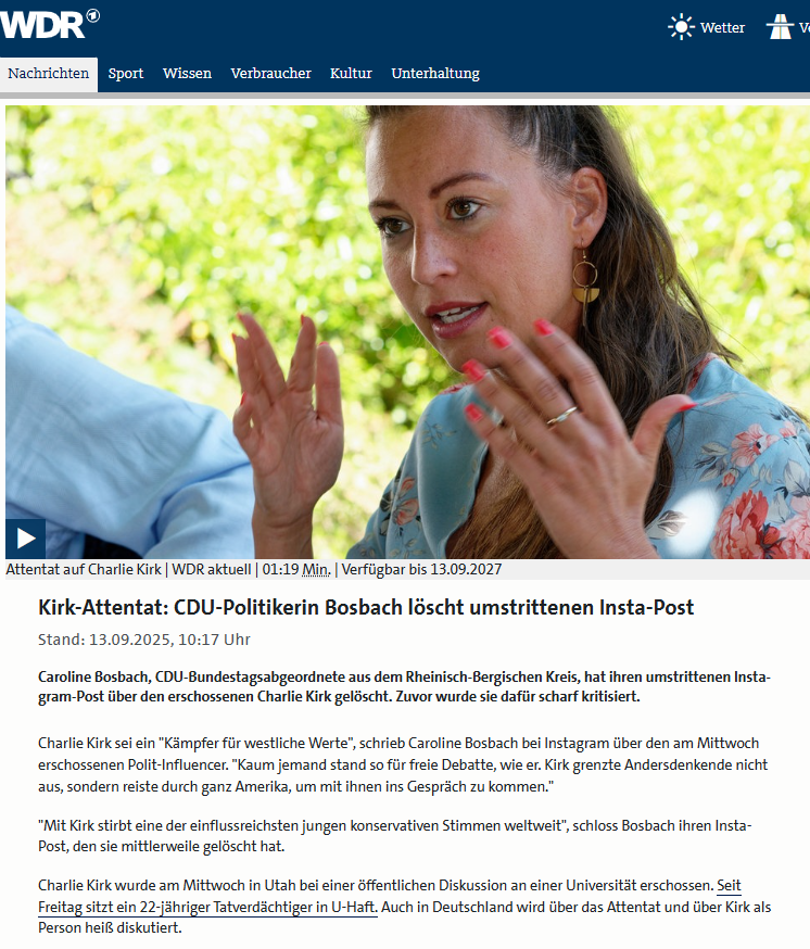 Haintz_MediaLaw's tweet photo. „Kirk-Attentat: CDU-Politikerin Bosbach löscht umstrittenen Insta-Post“
Selbst die angeblich „mutigen“ Stimmen in der CDU sind so feige, dass sie beim kleinsten Gegenwind der Linksgrünen umkippen und ihr Maul halten. Diese Feigheit führt Deutschland in den Untergang.