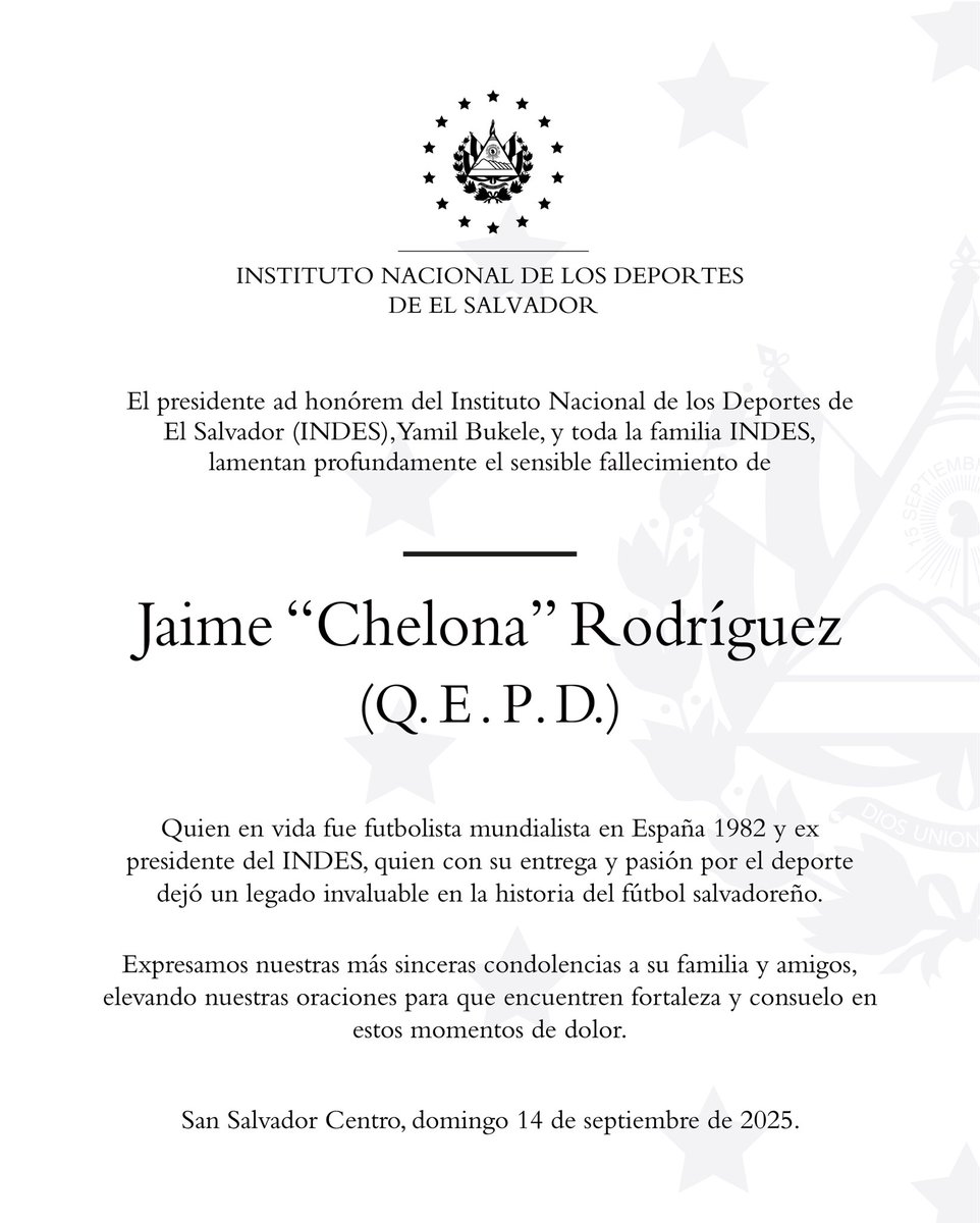 Lamentamos profundamente el sensible fallecimiento de Jaime “Chelona” Rodríguez (Q. E. P. D.), exfutbolista mundialista y expresidente del INDES. Nuestras condolencias a su familia y amigos. 🕊️
