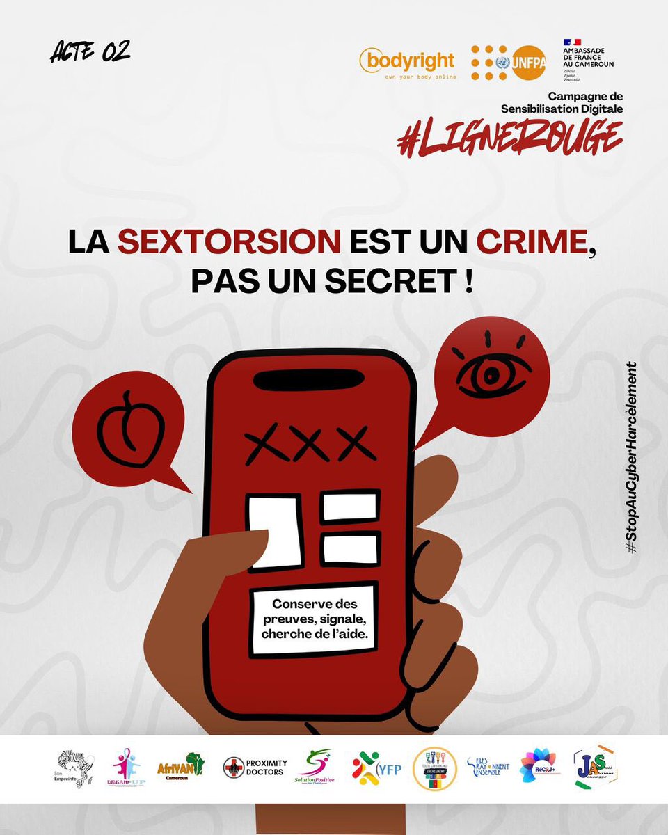 🚨 La sextorsion n’est pas une histoire d’amour.
C’est une violence, un crime, une VBG numérique.
Et ce n’est jamais la faute de la victime.
🙋🏾‍♂️ Jeune engagé·e, ta voix compte. Brise le silence.
Agis. Sensibilise. Soutiens. ✊
 #StopSextorsion #VBG 
<a href="/UNFPACameroon/">UNFPA au Cameroun</a> 
<a href="/PlanCameroon/">Plan International Cameroon</a>