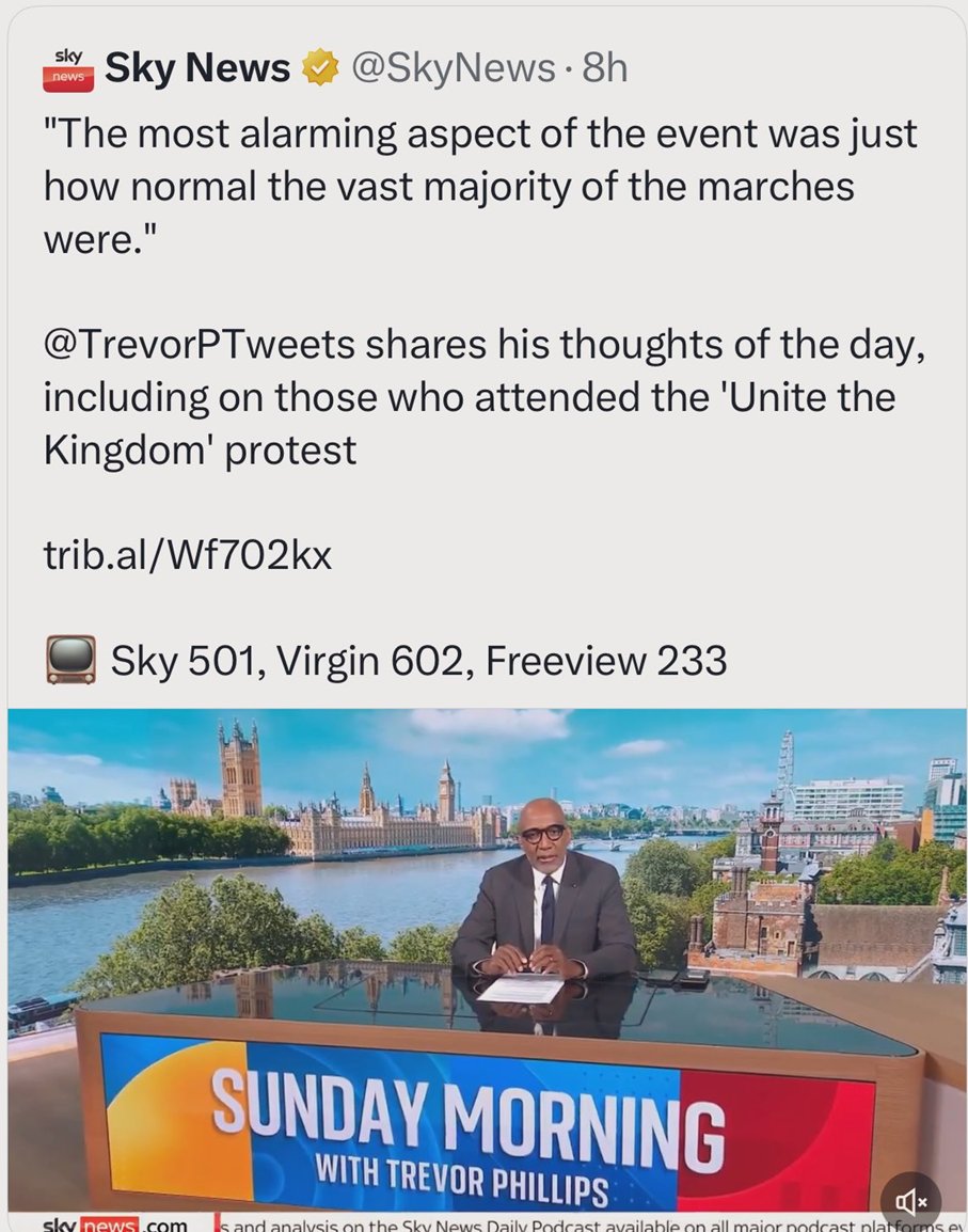 🚨SKY NEWS REMOVES CLIP OF HOST PRAISING TOMMY ROBINSON

Their X post has now been removed after it was retweeted many times because of the fair appraisal host Trevor Phillips gave of the Unite the Kingdom March

SKY NEWS COULDN'T ALLOW THAT
THEY ARE CENSORING THEIR OWN HOSTS