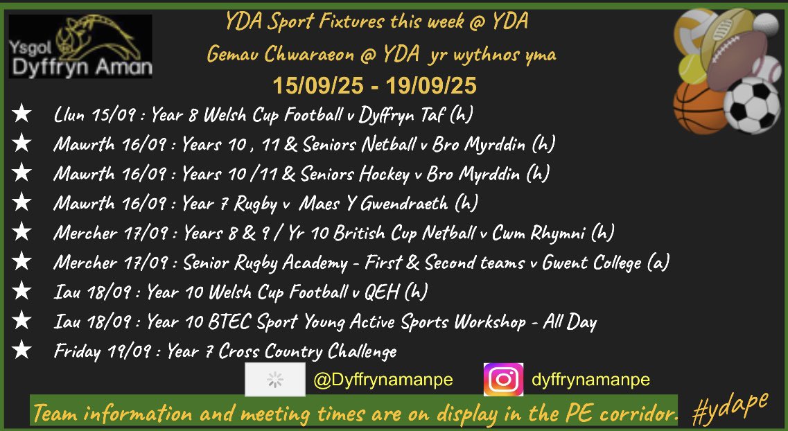 Dyffrynamanpe's tweet image. YDA Fixtures &amp;amp; Extra Curricular Sports Clubs
15/09/25 - 19/09/25

⚽️🏑🏐🏀🏉🤸‍♂️🏋️‍♀️

Gemau &amp;amp; Chlybiau Chwaraeon YDA
15/09/25 - 19/09/25