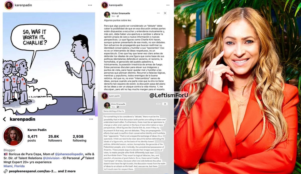 Meet Karen Padin.
Here she is mocking Charlie Kirk's assassination and attempting to justify it.
She is a senior director of talent relations at <a href="/Univision/">Univision</a>.
I wonder if they find this to be acceptable rhetoric from their employees.