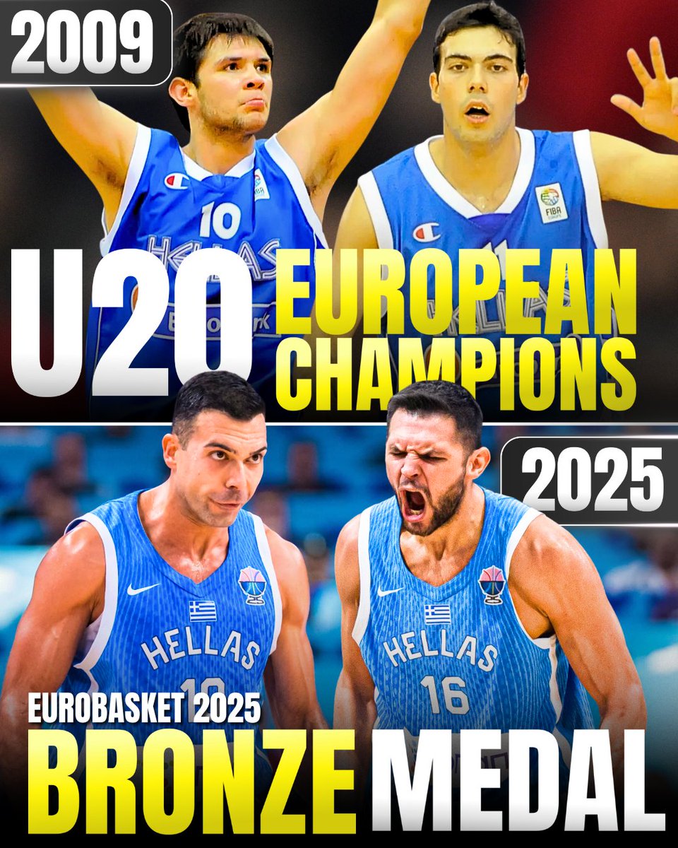 👏🇬🇷From winning the European U20 Championship together in 2009 to winning their first medal with the Greek senior team   

🙌A full circle moment for 35-year-old Kostas Sloukas and 35-year-old Kostas Papanikolaou  #Eurobasket