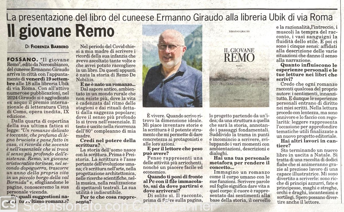 Il nuovo libro del collega #ErmannoGiraudo sarà presentato venerdì 19 settembre ore 18 alla libreria #Ubik di via Roma a #Fossano

Ne parliamo su #LaFedeltà 

#IlGiovaneRemo
#nerosubianco