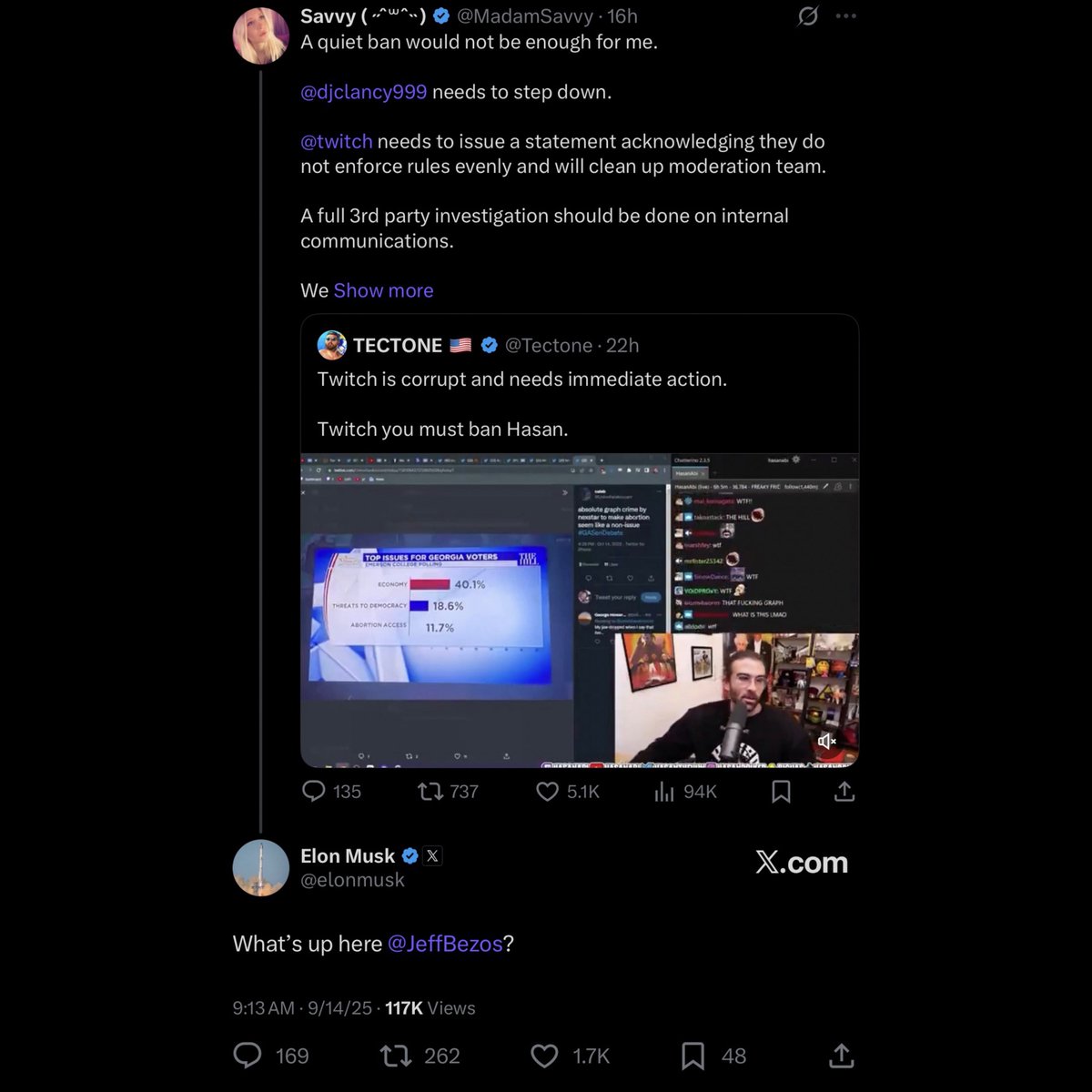 FearedBuck's tweet image. Elon Musk tags Jeff Bezos in a post calling for HasanAbi to be banned and for Twitch CEO Dan Clancy to step down